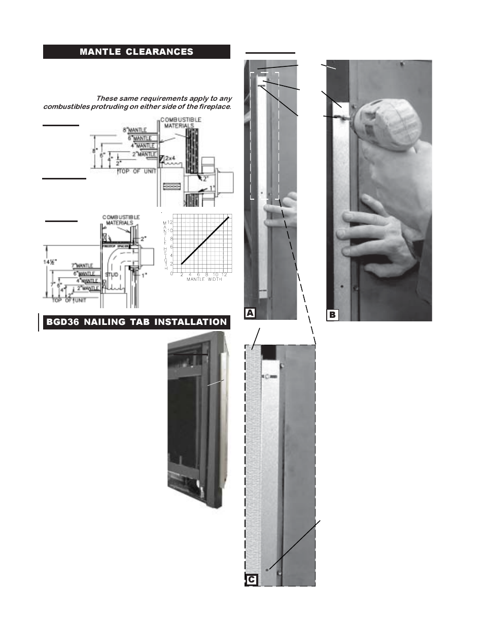 Ab c, Mantle clearances bgd36 nailing tab installation | Napoleon Fireplaces BGD36PTR User Manual | Page 22 / 32