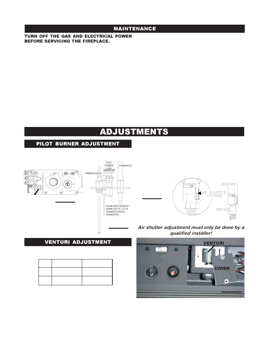 Adjustments, Maintenance, Pilot burner adjustment venturi adjustment | Napoleon Fireplaces BGD36PTR User Manual | Page 28 / 32