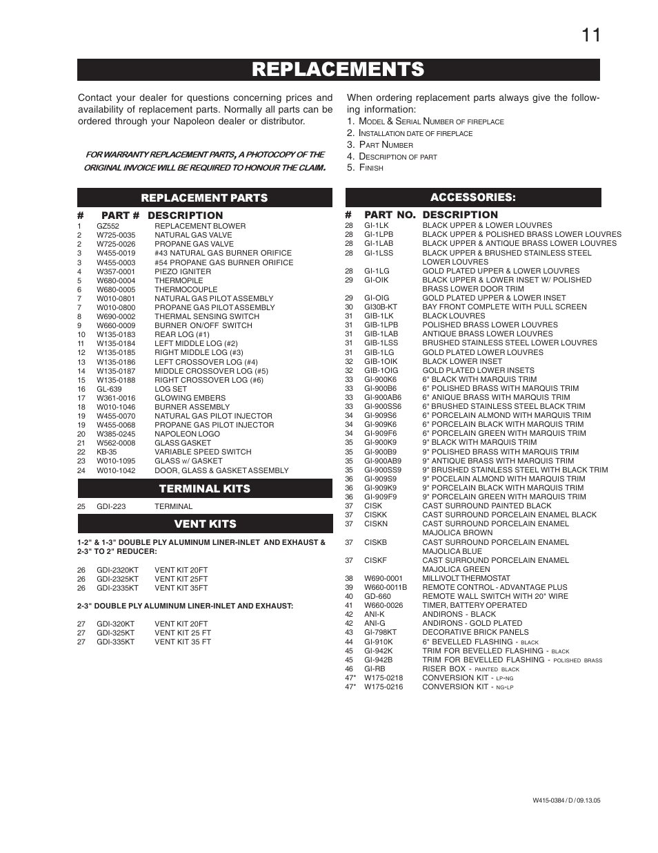 Replacements | Napoleon Fireplaces GDI-30N User Manual | Page 11 / 16