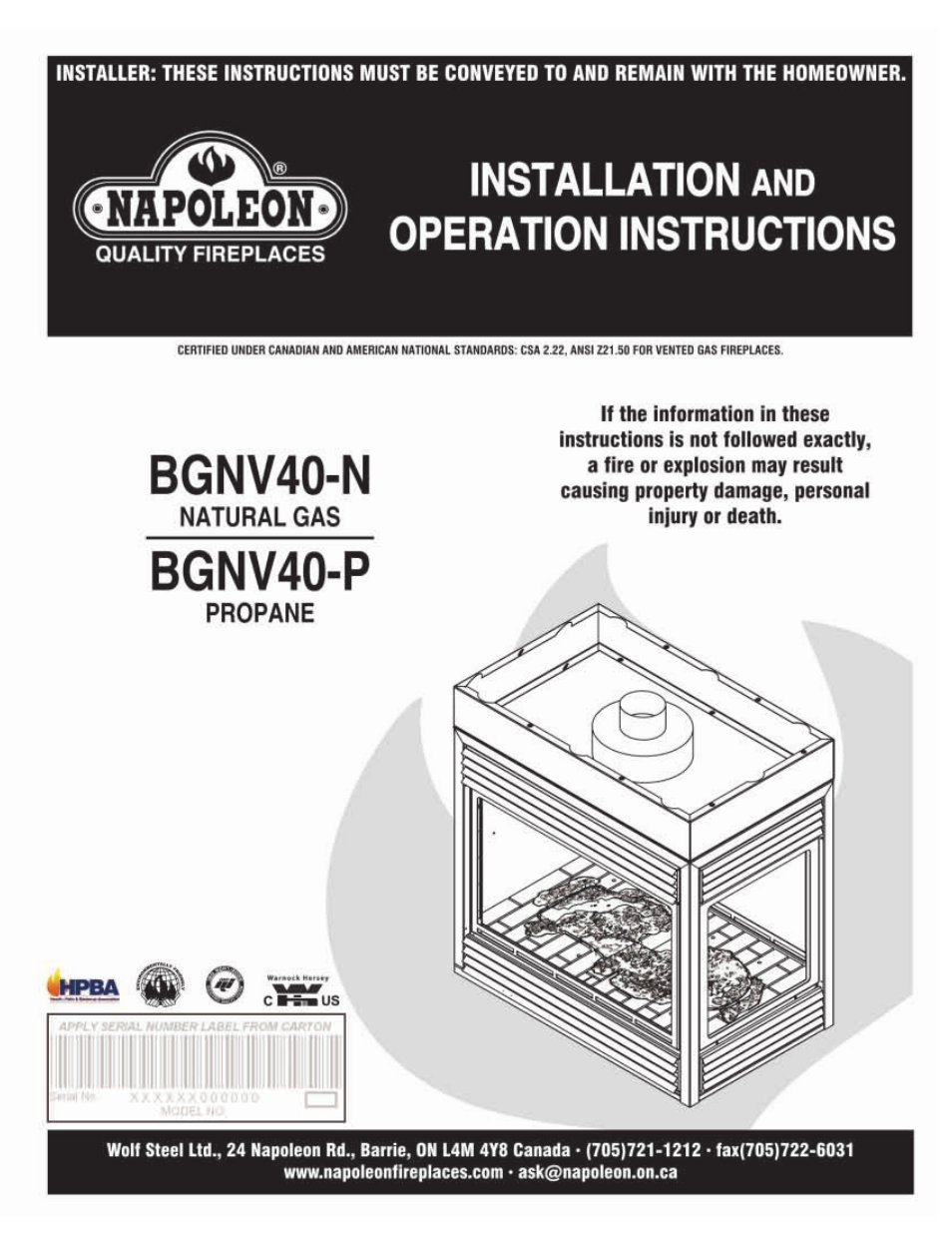 Napoleon Fireplaces BGNV40-N User Manual | 28 pages