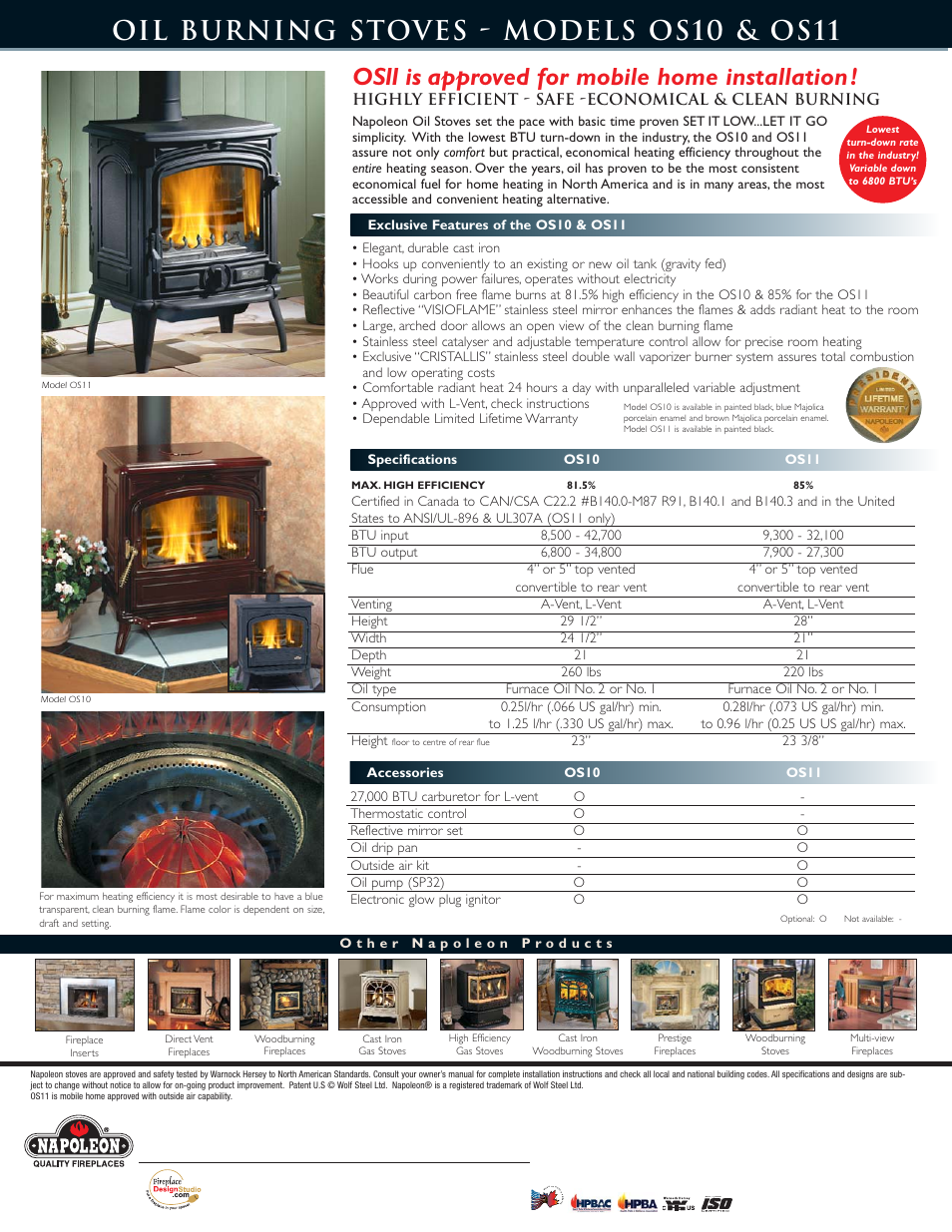 Oil burning stoves - models os10 & os11, Os11 is approved for mobile home installation | Napoleon Fireplaces OS11 User Manual | Page 2 / 2