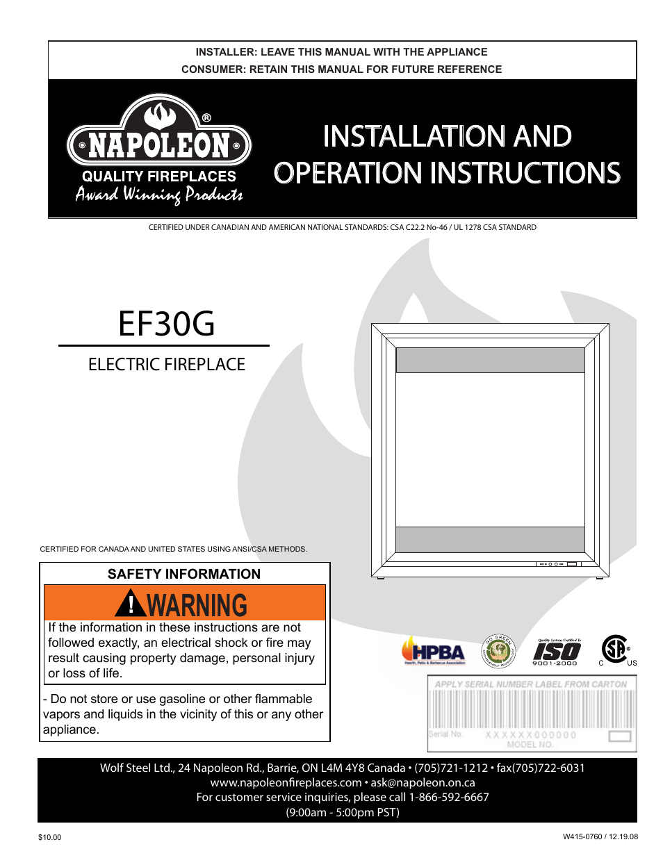 Napoleon Fireplaces EF30G User Manual | 20 pages