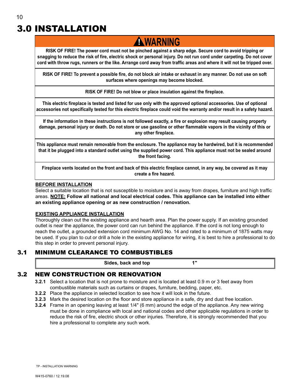 Warning, 0 installation | Napoleon Fireplaces EF30G User Manual | Page 10 / 20