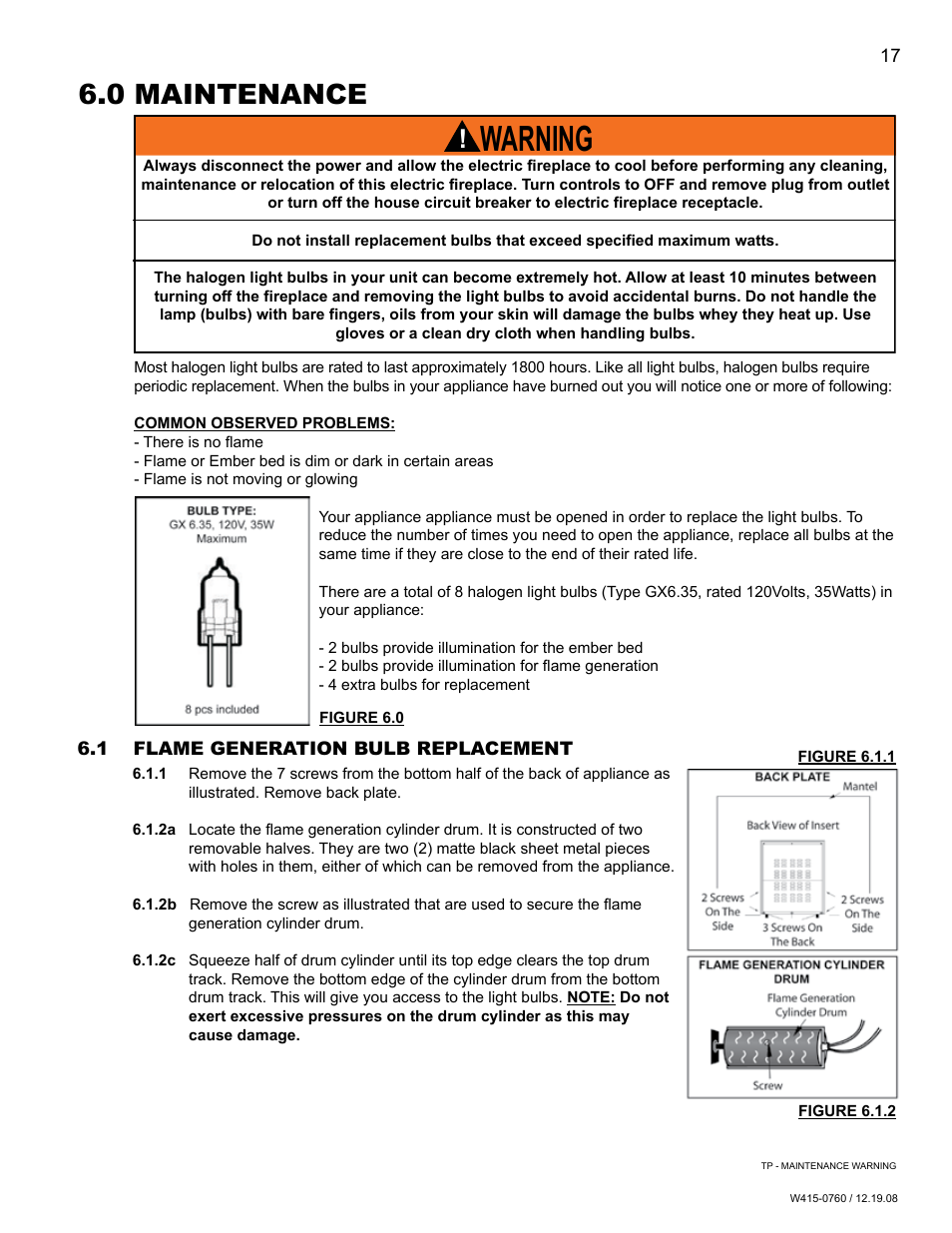 Warning, 0 maintenance | Napoleon Fireplaces EF30G User Manual | Page 17 / 20