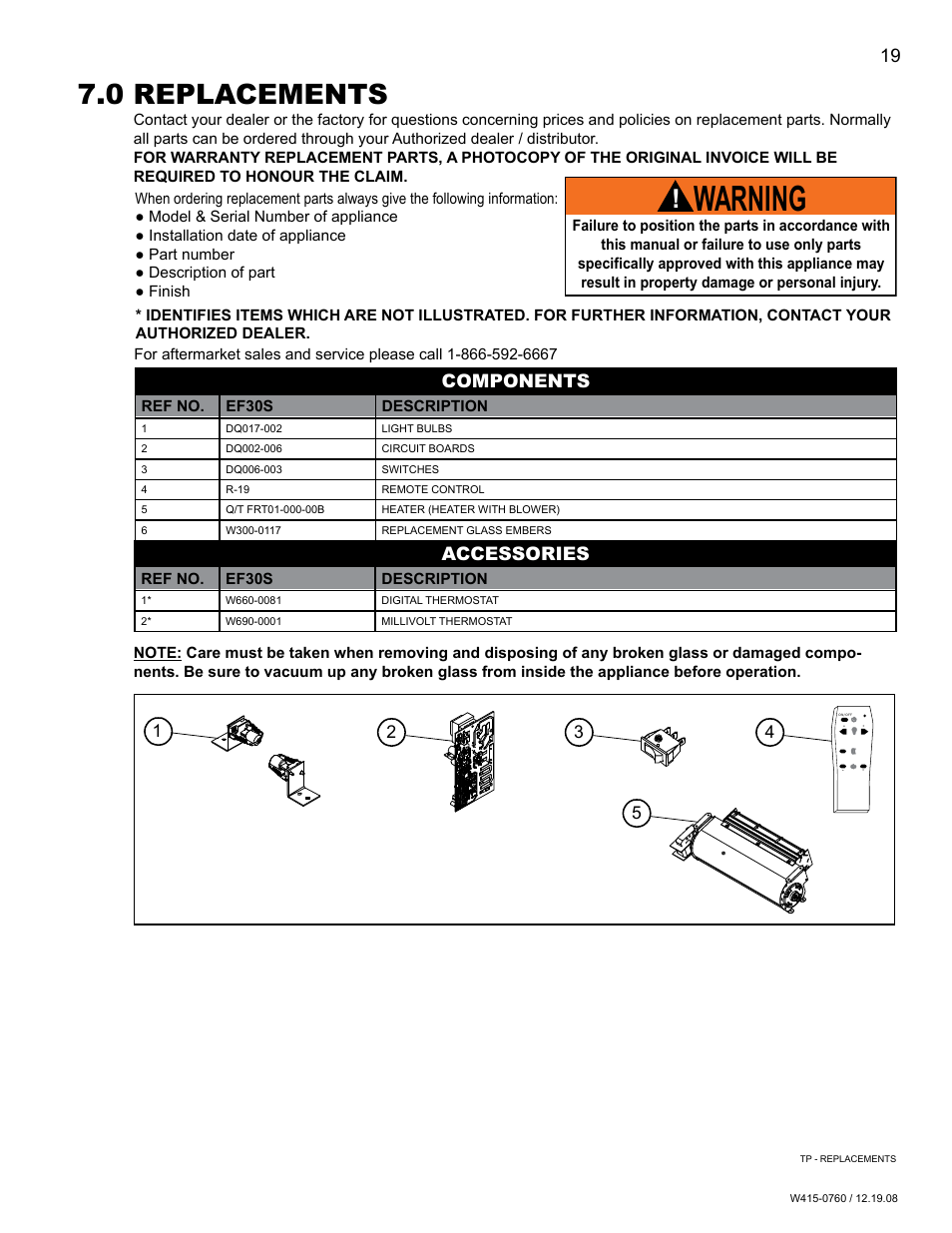 Warning, 0 replacements, Components | Accessories | Napoleon Fireplaces EF30G User Manual | Page 19 / 20