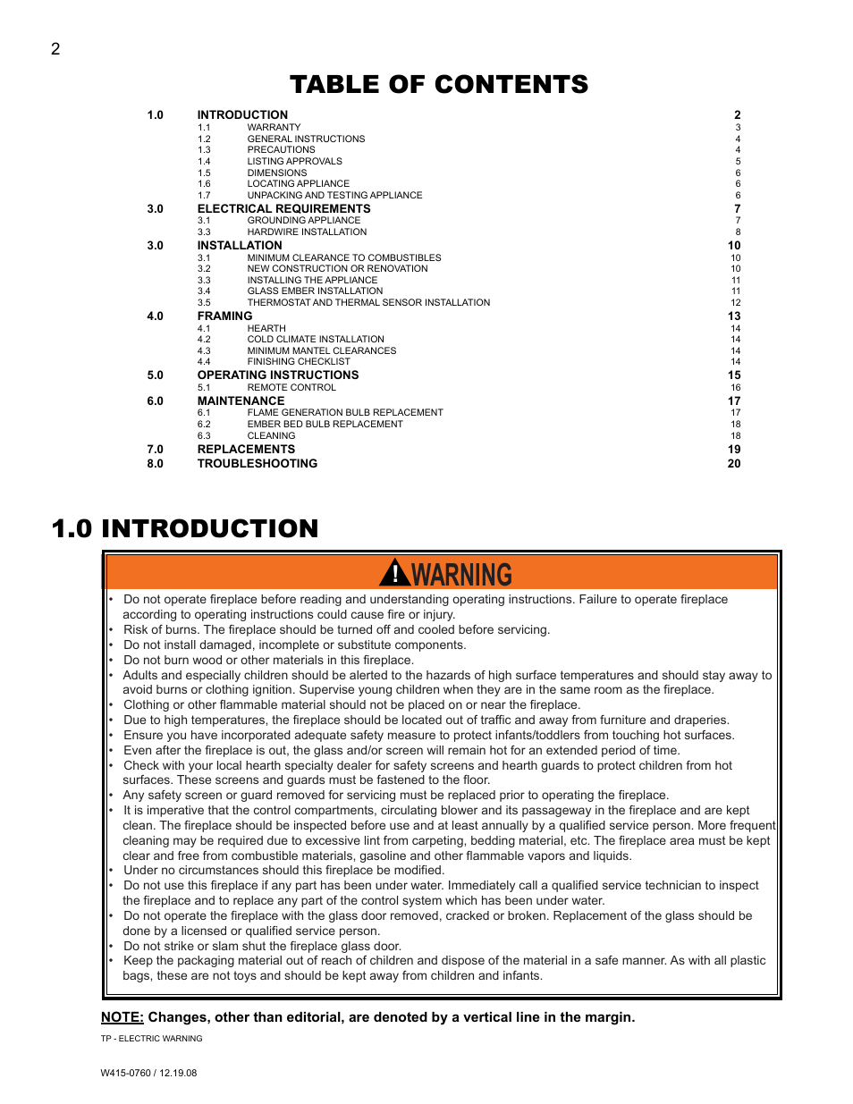 Warning, Table of contents 1.0 introduction | Napoleon Fireplaces EF30G User Manual | Page 2 / 20