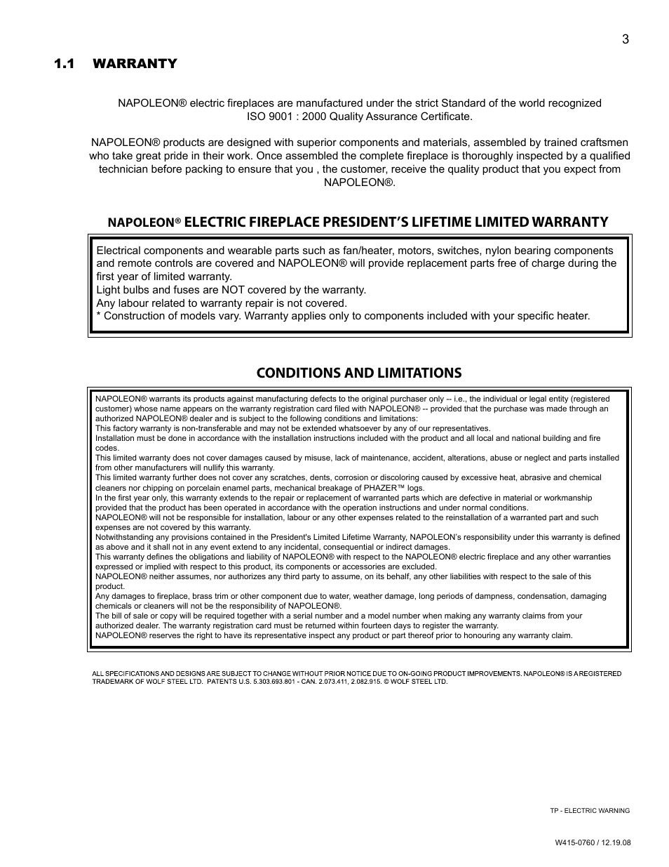 Napoleon, 1 warranty | Napoleon Fireplaces EF30G User Manual | Page 3 / 20