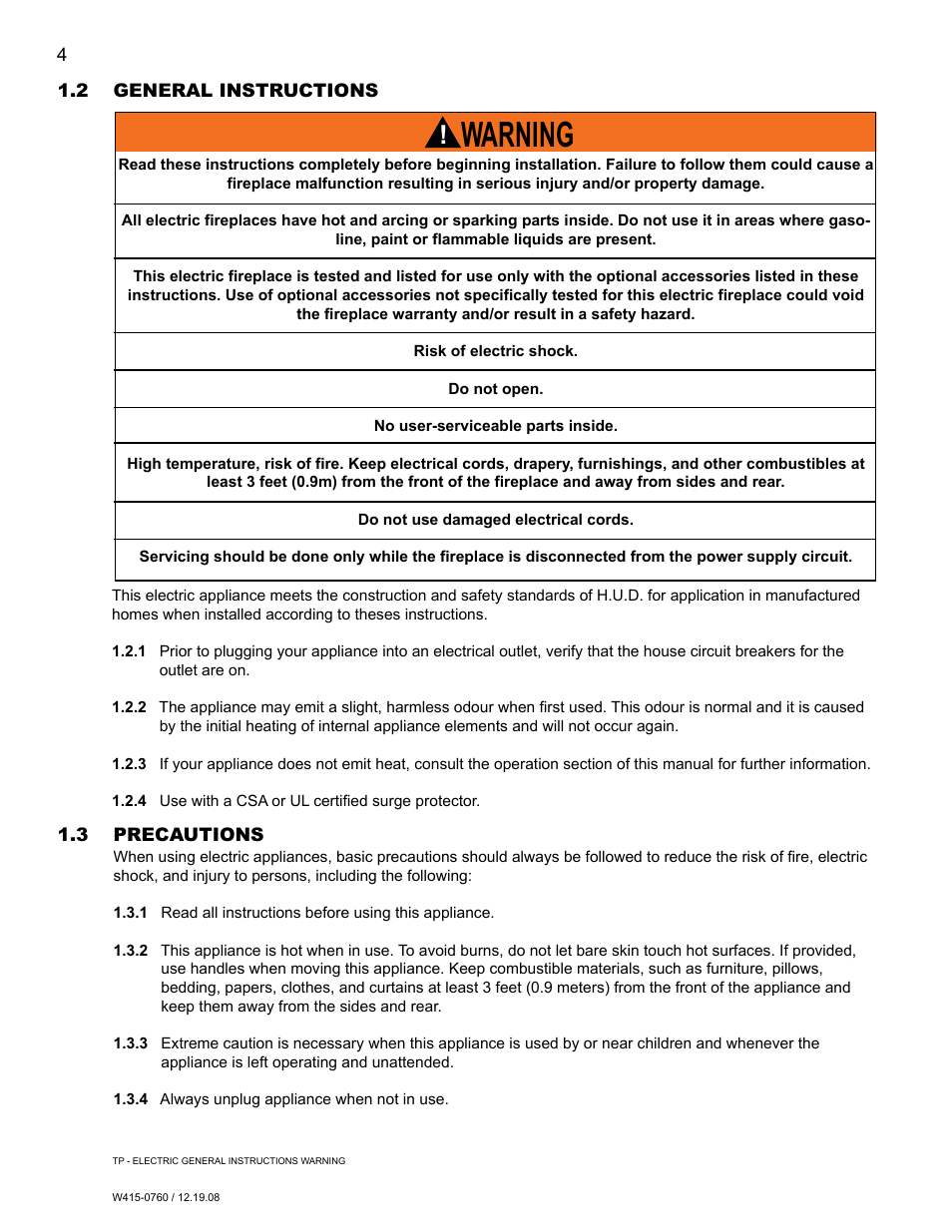 Warning | Napoleon Fireplaces EF30G User Manual | Page 4 / 20