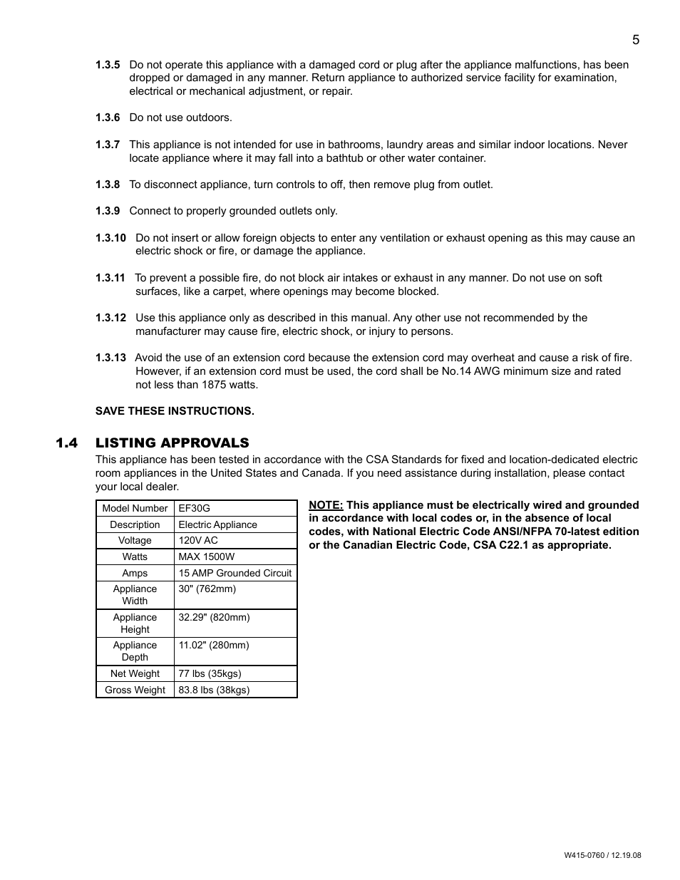 Napoleon Fireplaces EF30G User Manual | Page 5 / 20