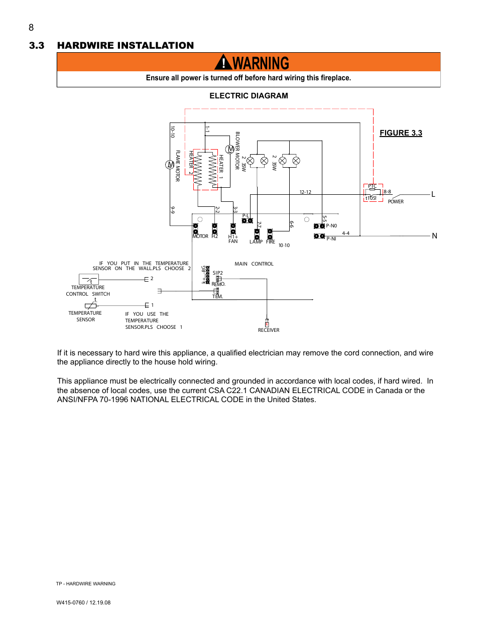 Warning, 3 hardwire installation, Figure 3.3 electric diagram | Napoleon Fireplaces EF30G User Manual | Page 8 / 20