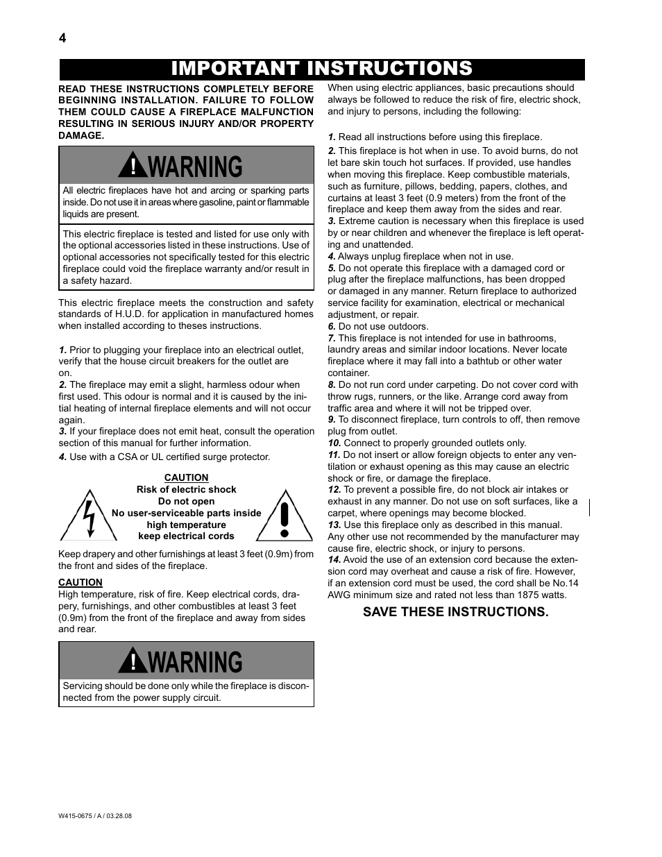 Warning, Important instructions | Napoleon Fireplaces EF30 User Manual | Page 4 / 16