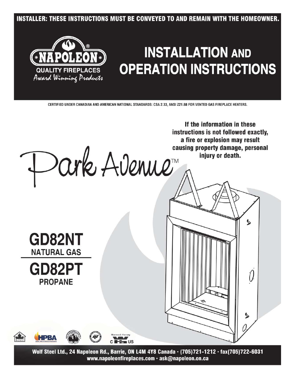 Napoleon Fireplaces PARK AVENUE GD82PT User Manual | 34 pages