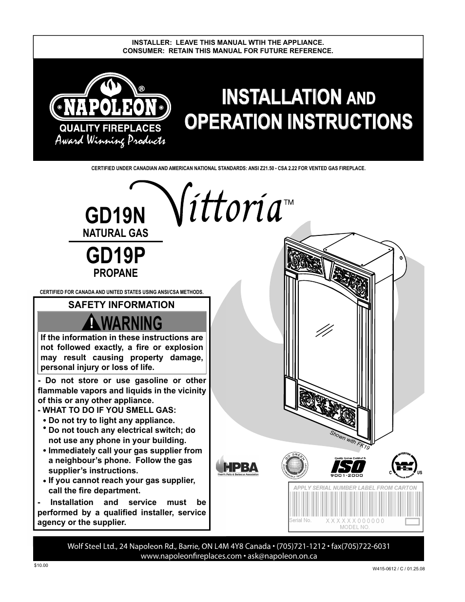 Napoleon Fireplaces Vittoria GD19P User Manual | 36 pages