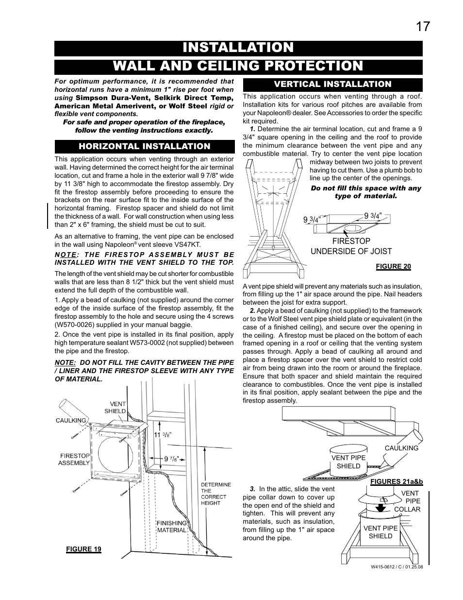 Installation wall and ceiling protection | Napoleon Fireplaces Vittoria GD19P User Manual | Page 17 / 36