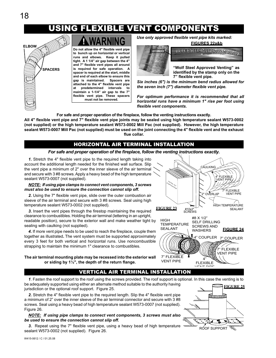 Warning, Using flexible vent components, Vertical air terminal installation | Horizontal air terminal installation | Napoleon Fireplaces Vittoria GD19P User Manual | Page 18 / 36