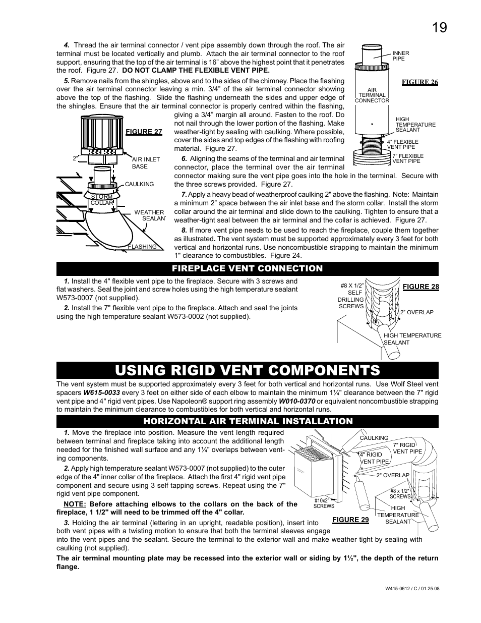Using rigid vent components, Fireplace vent connection, Horizontal air terminal installation | Napoleon Fireplaces Vittoria GD19P User Manual | Page 19 / 36