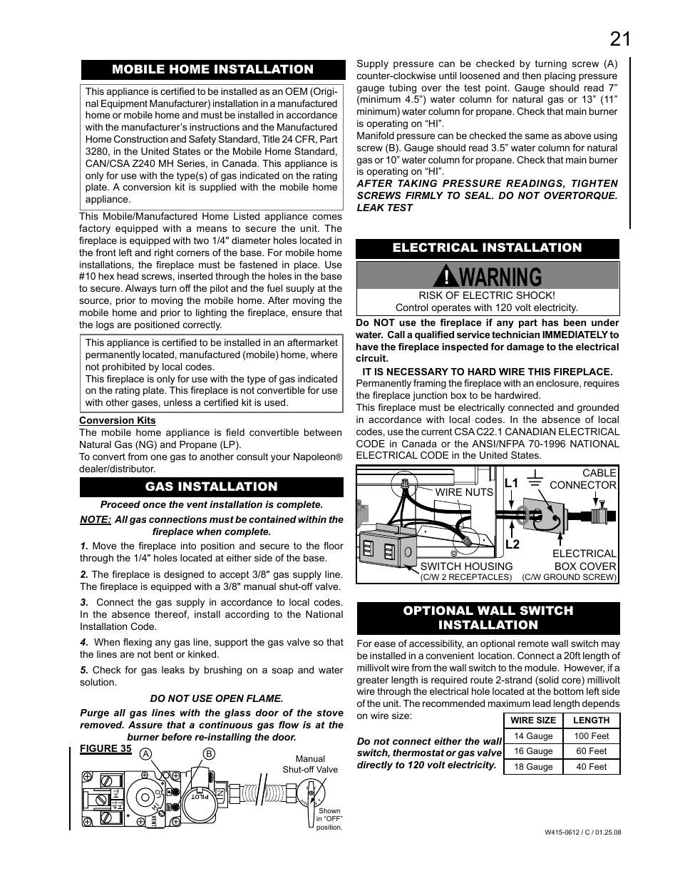 Warning | Napoleon Fireplaces Vittoria GD19P User Manual | Page 21 / 36