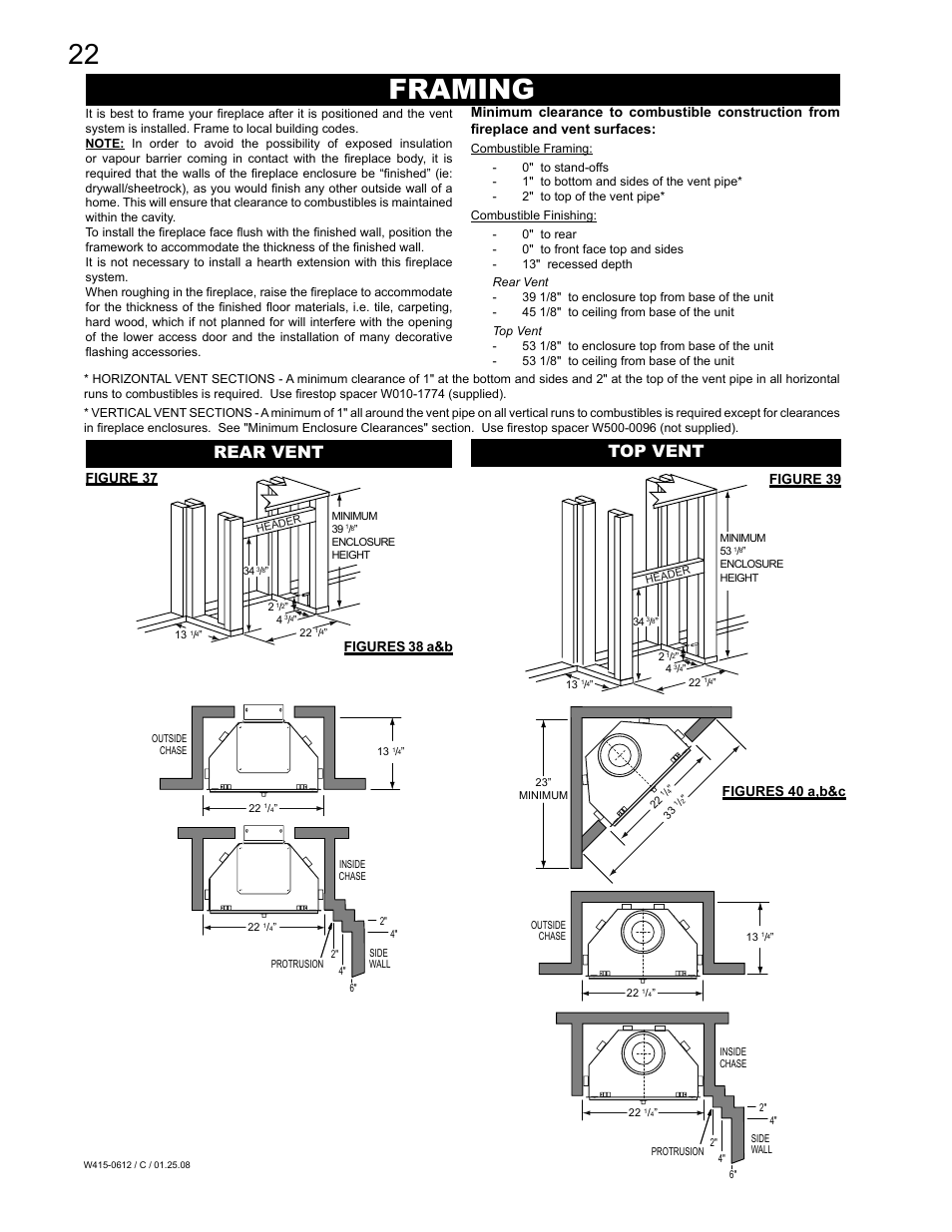 Framing, Rear vent top vent | Napoleon Fireplaces Vittoria GD19P User Manual | Page 22 / 36