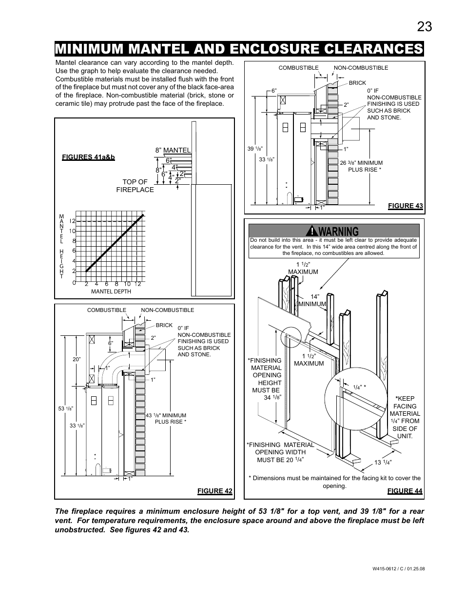 Minimum mantel and enclosure clearances, Warning | Napoleon Fireplaces Vittoria GD19P User Manual | Page 23 / 36
