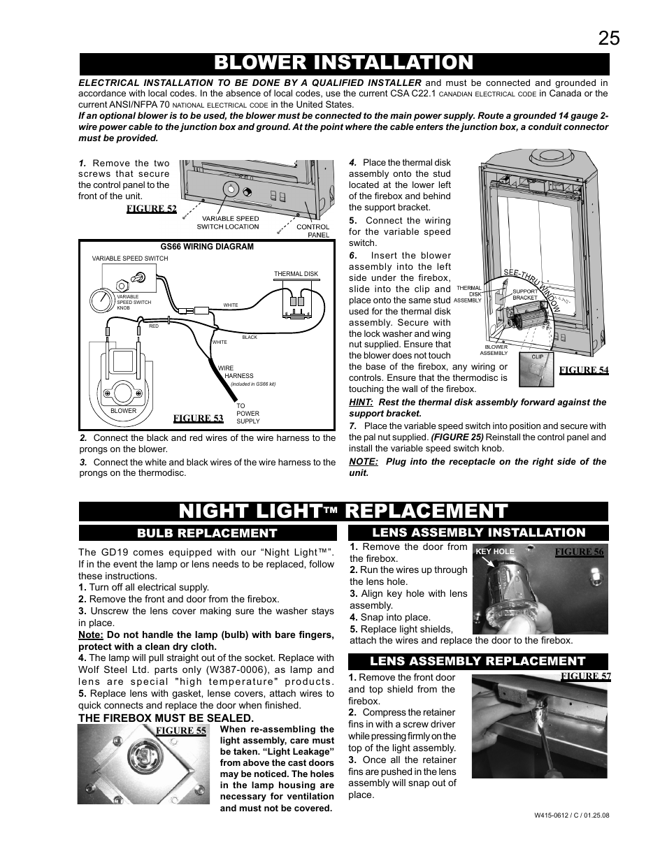 Blower installation night light, Replacement, Lens assembly installation | Lens assembly replacement, Bulb replacement | Napoleon Fireplaces Vittoria GD19P User Manual | Page 25 / 36