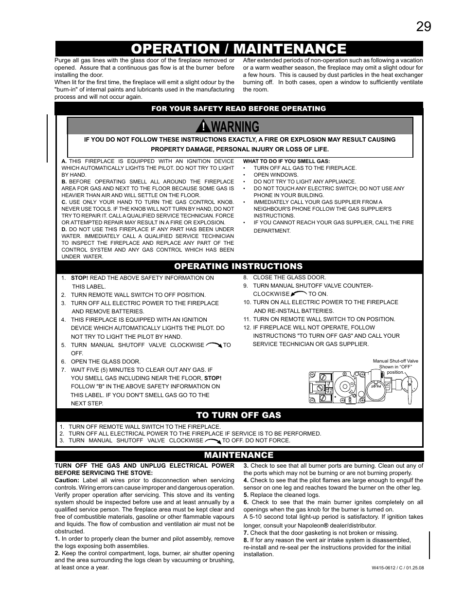 Warning, Operation / maintenance, Operating instructions | Maintenance | Napoleon Fireplaces Vittoria GD19P User Manual | Page 29 / 36