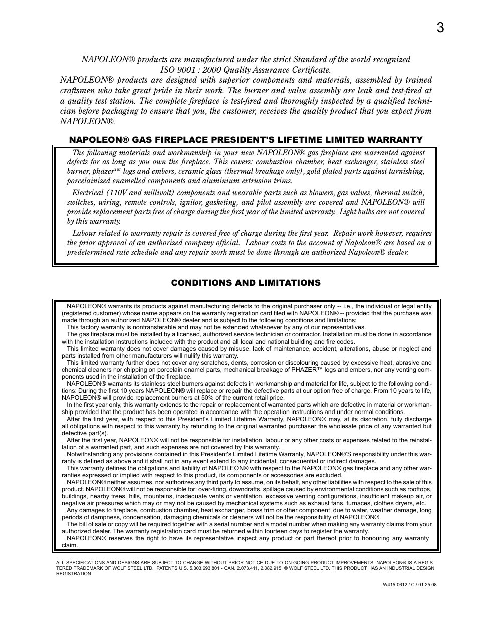 Conditions and limitations | Napoleon Fireplaces Vittoria GD19P User Manual | Page 3 / 36