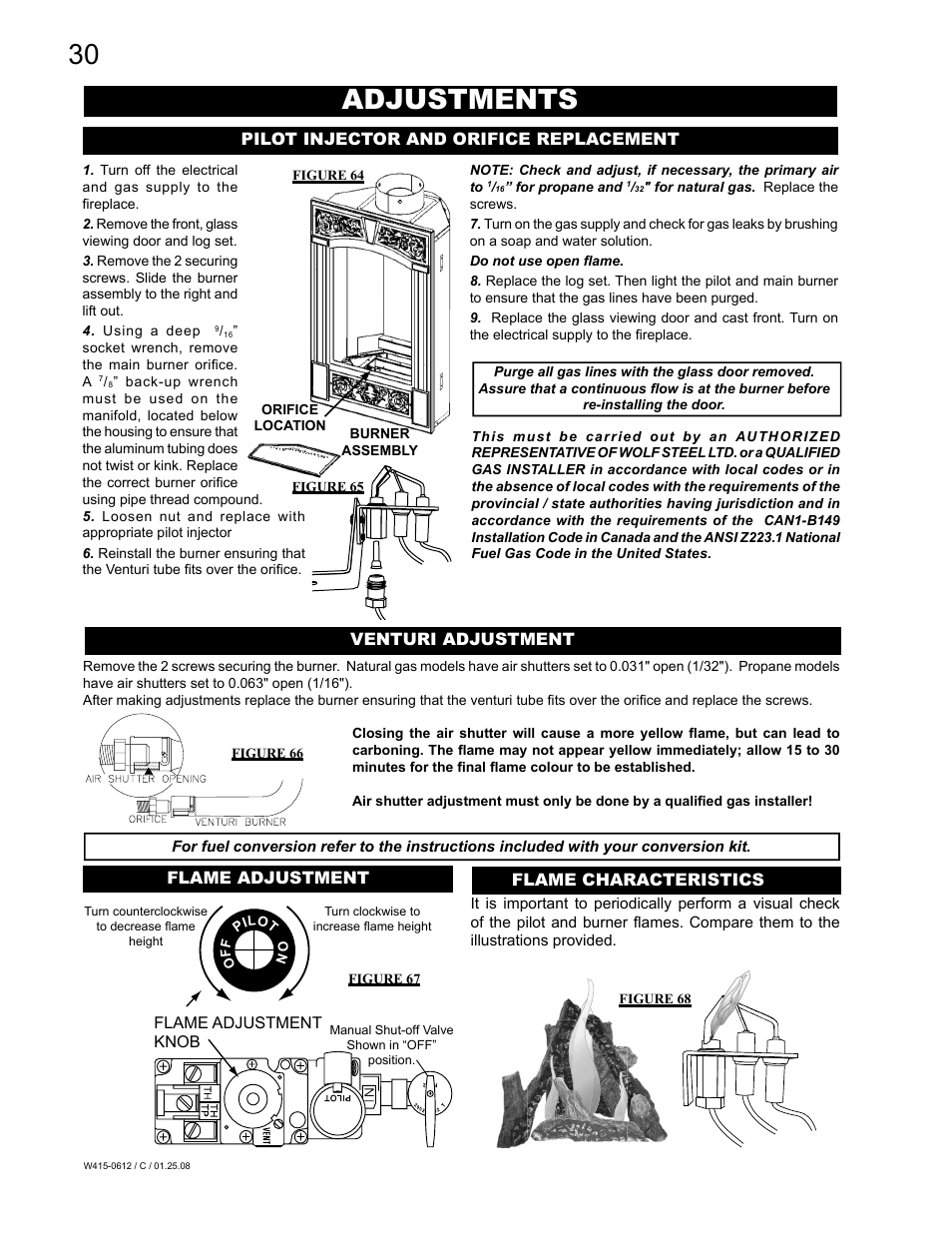 Adjustments, Flame adjustment, Flame characteristics | Napoleon Fireplaces Vittoria GD19P User Manual | Page 30 / 36