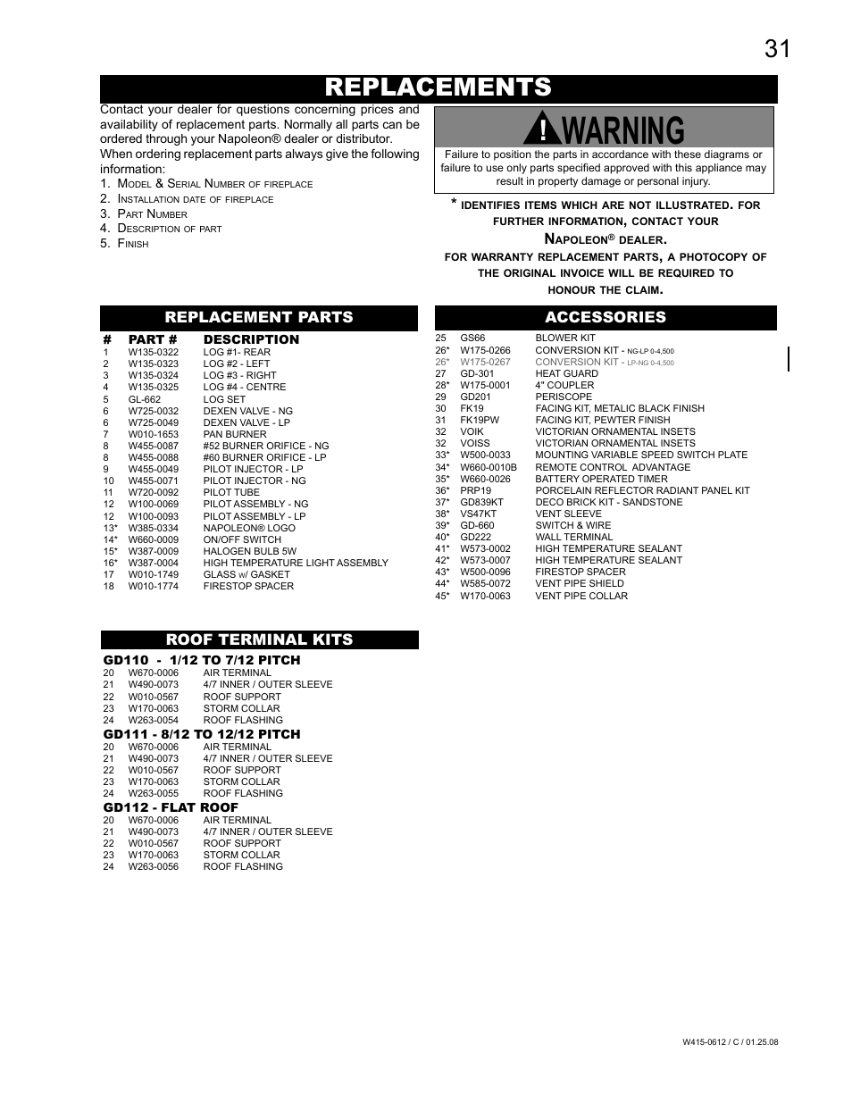 Warning, Replacements, Replacement parts roof terminal kits accessories | Napoleon Fireplaces Vittoria GD19P User Manual | Page 31 / 36