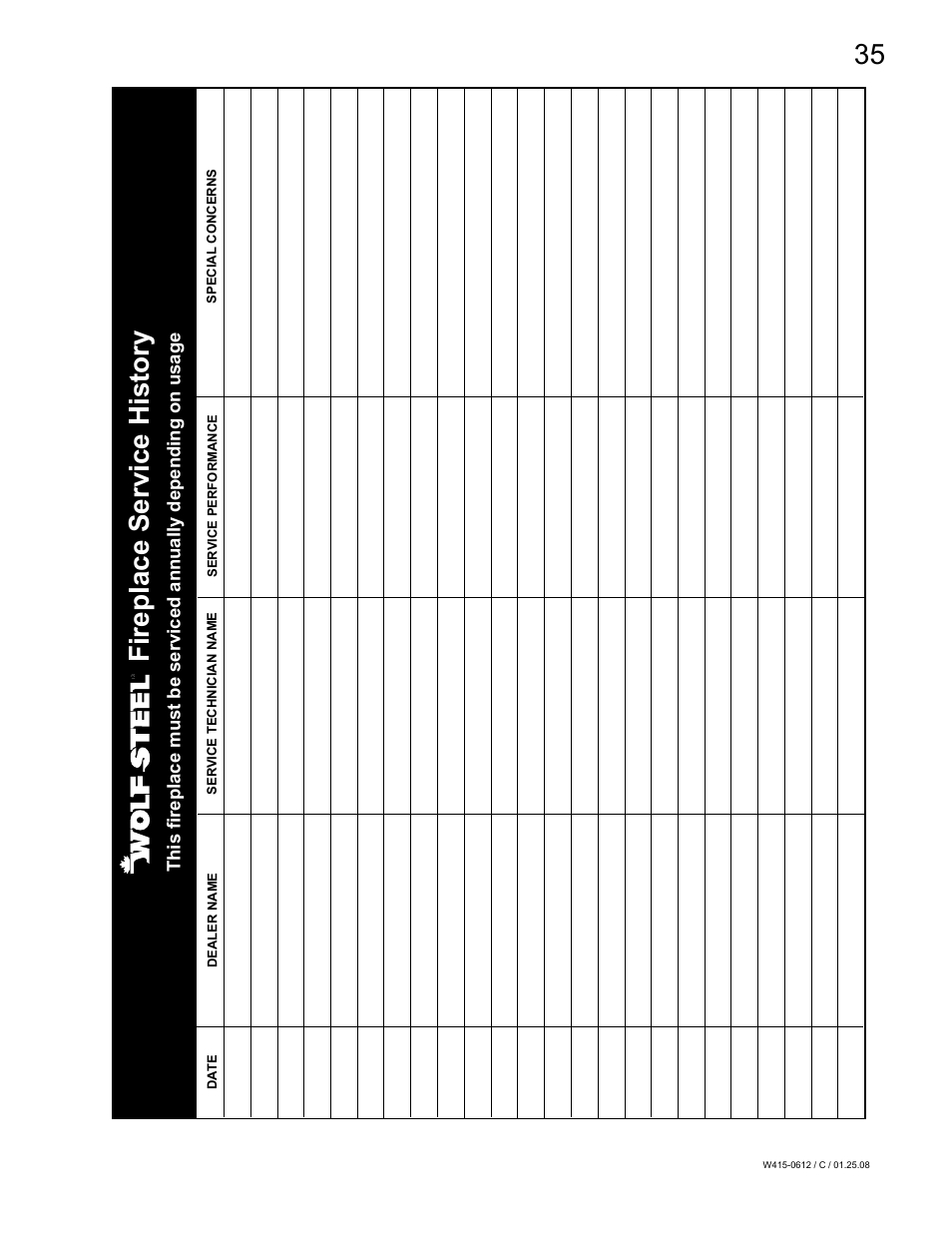Fireplace service history | Napoleon Fireplaces Vittoria GD19P User Manual | Page 35 / 36