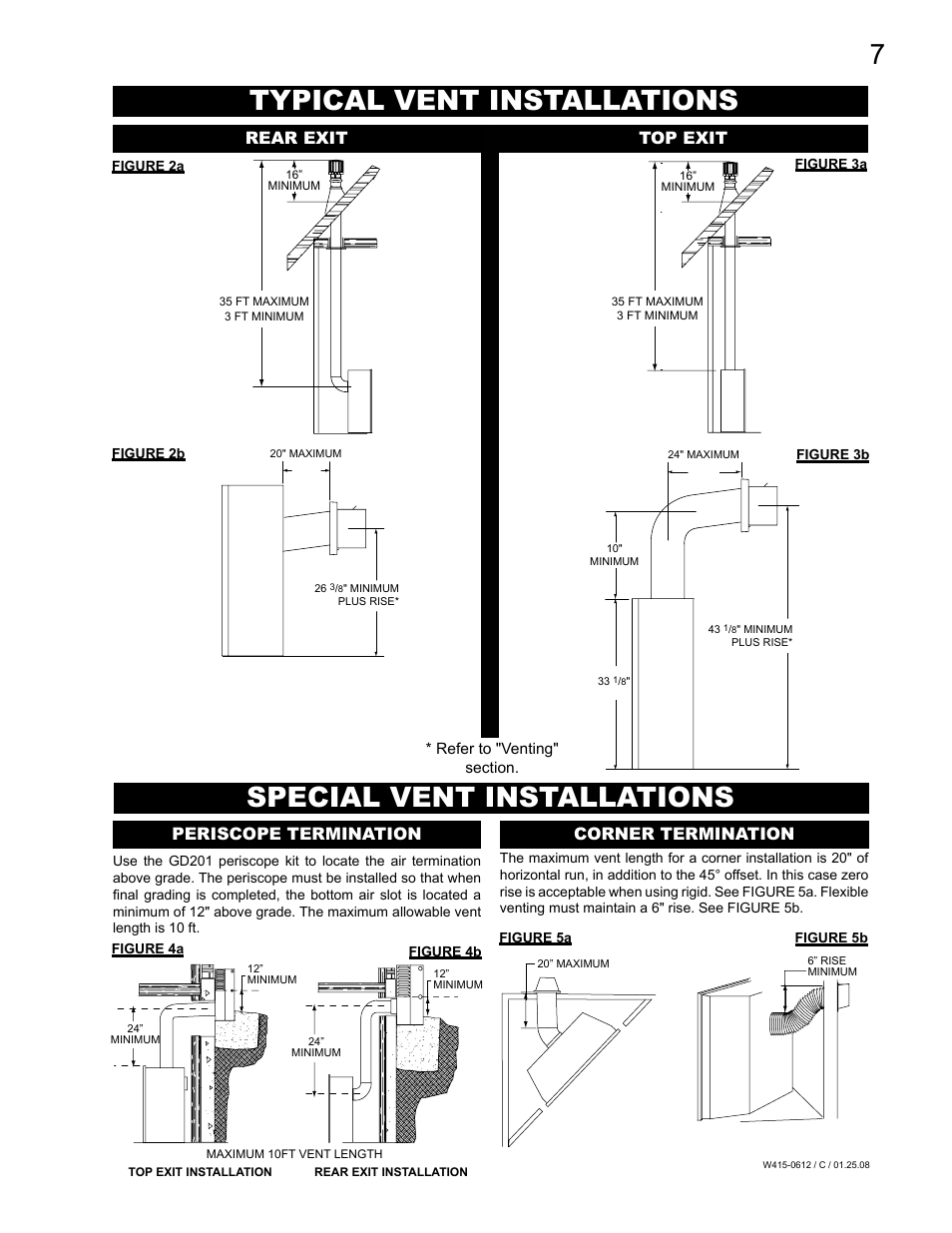 Typical vent installations, Special vent installations, Periscope termination corner termination | Top exit rear exit | Napoleon Fireplaces Vittoria GD19P User Manual | Page 7 / 36