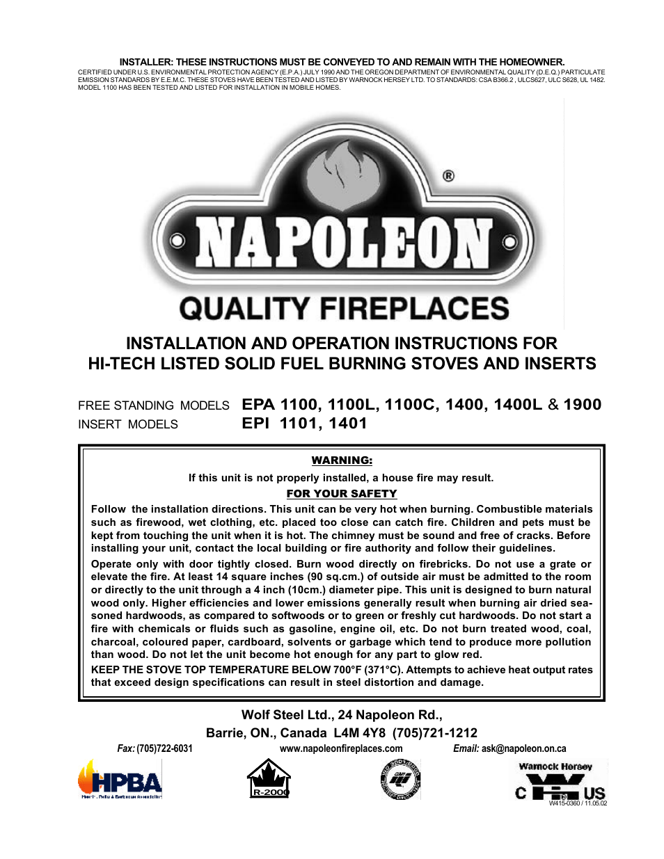 Napoleon Fireplaces EPI 1101 User Manual | 16 pages