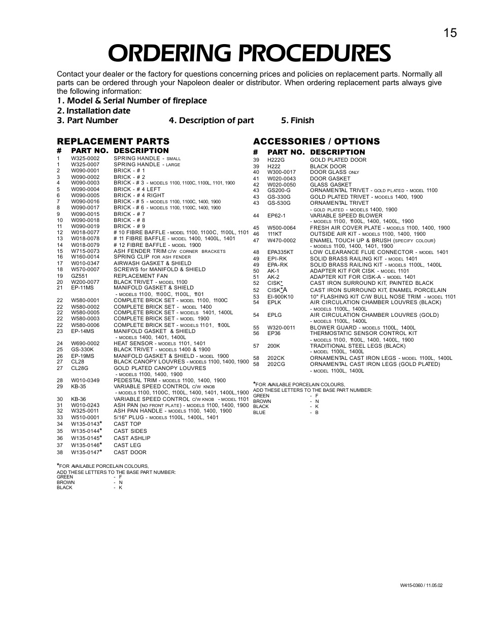 Ordering procedures, Accessories / options, Part no. description | Napoleon Fireplaces EPI 1101 User Manual | Page 15 / 16