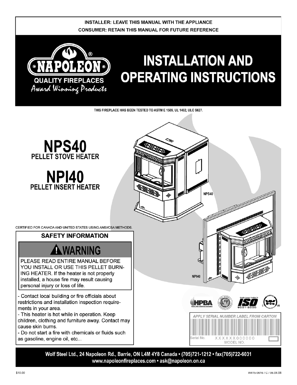 Napoleon Fireplaces NPI40 User Manual | 44 pages