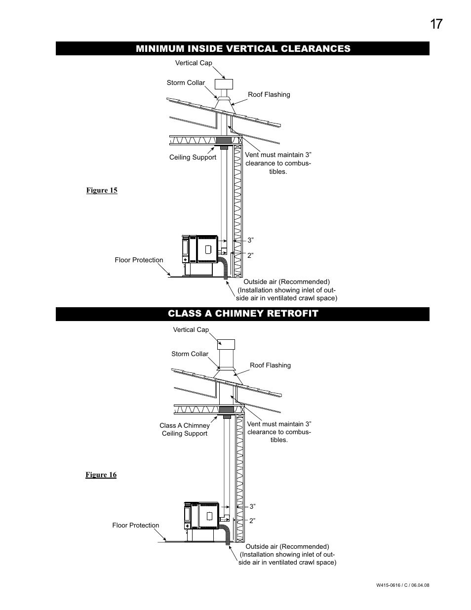 Minimum inside vertical clearances, Class a chimney retrofit | Napoleon Fireplaces NPI40 User Manual | Page 17 / 44