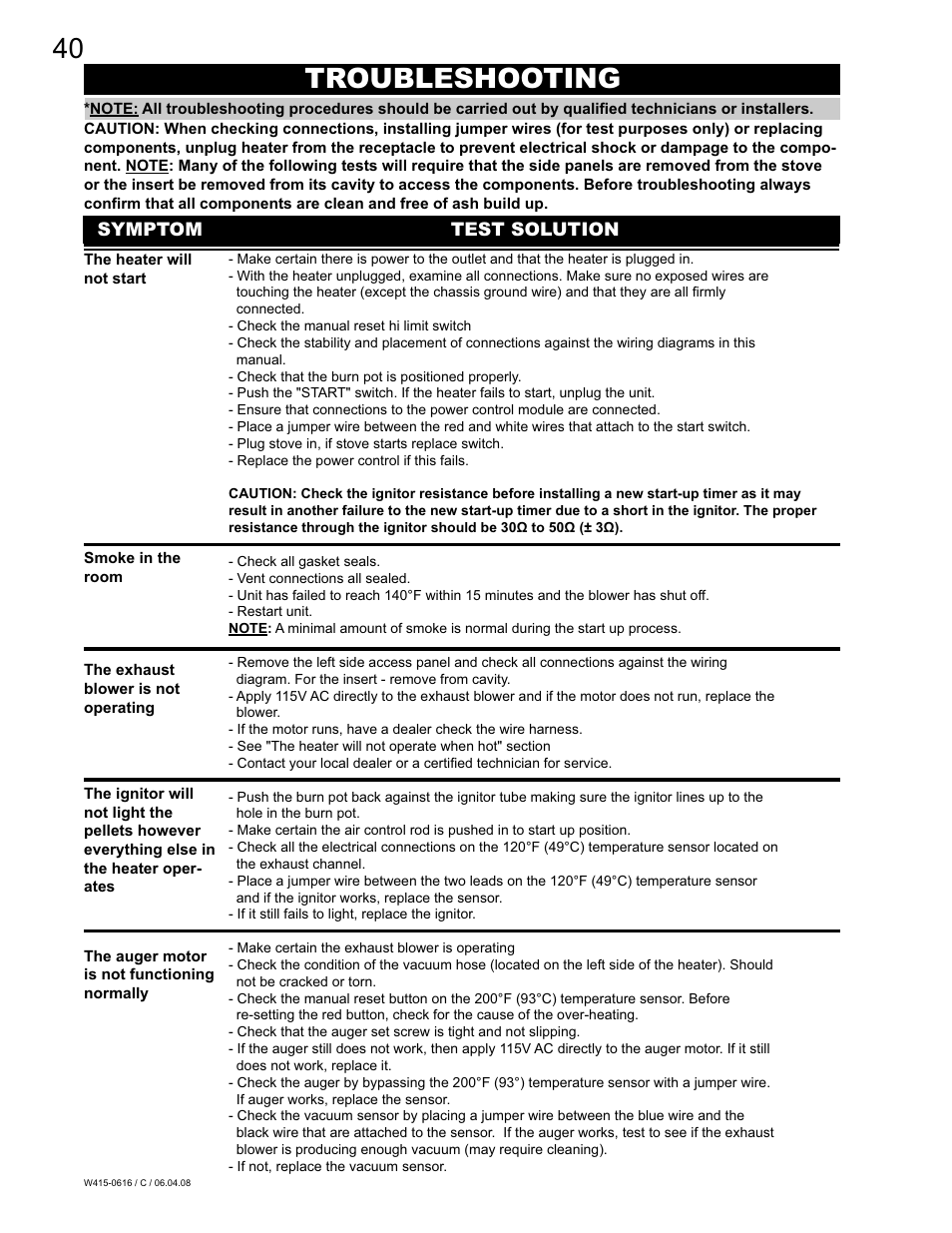 40 troubleshooting | Napoleon Fireplaces NPI40 User Manual | Page 40 / 44