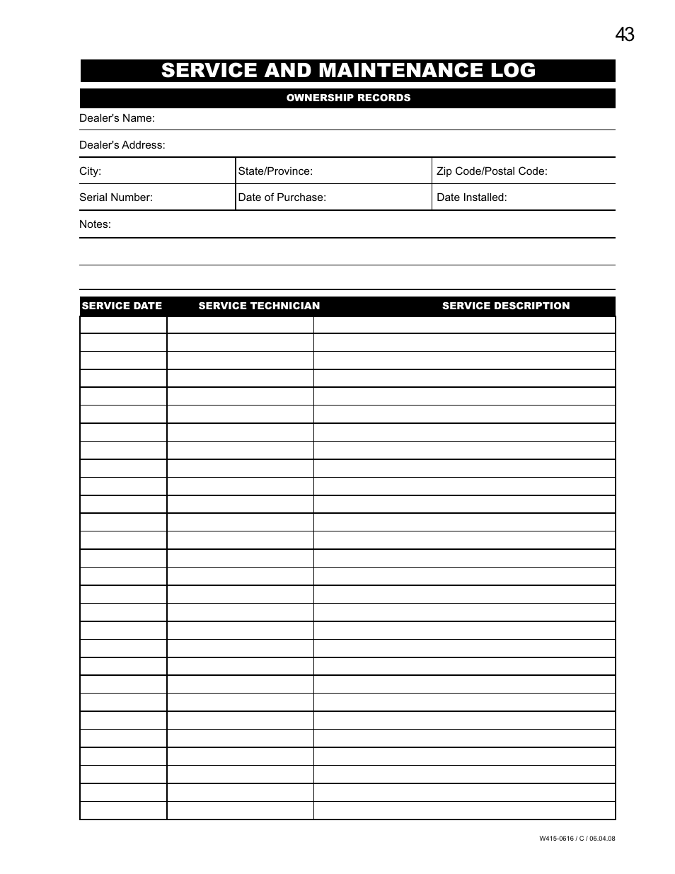 43 service and maintenance log | Napoleon Fireplaces NPI40 User Manual | Page 43 / 44