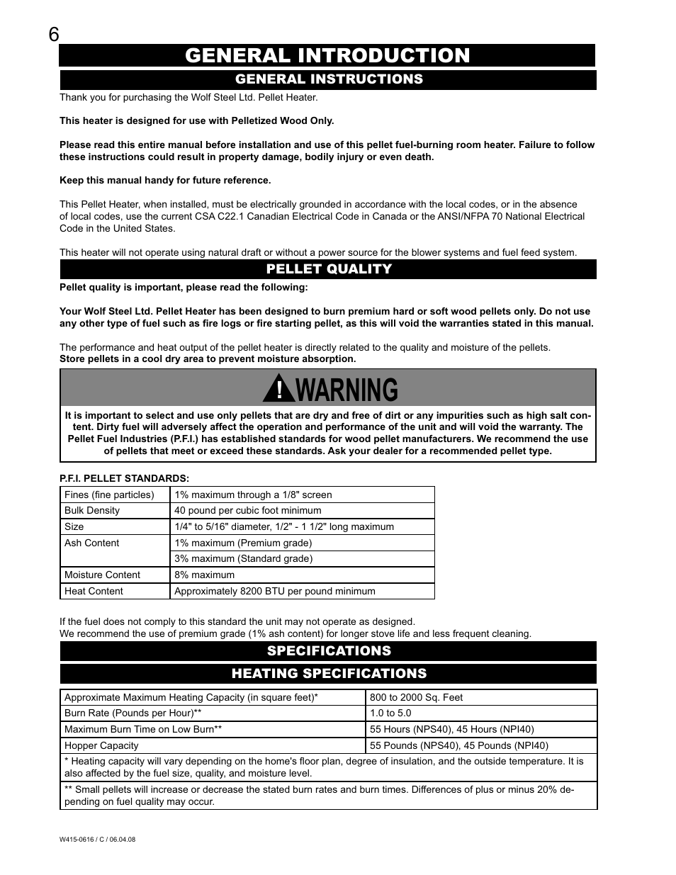 Warning, 6general introduction | Napoleon Fireplaces NPI40 User Manual | Page 6 / 44