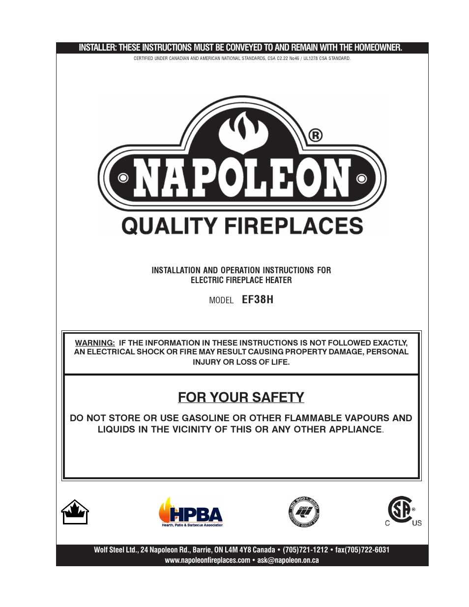 Napoleon Fireplaces EF38H User Manual | 12 pages