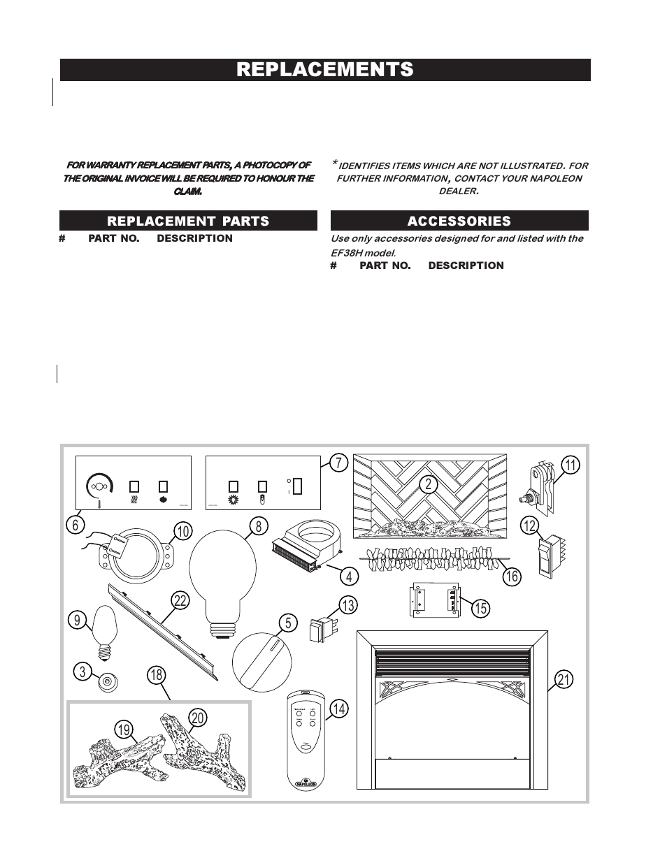 Replacements, Replacement parts accessories | Napoleon Fireplaces EF38H User Manual | Page 10 / 12