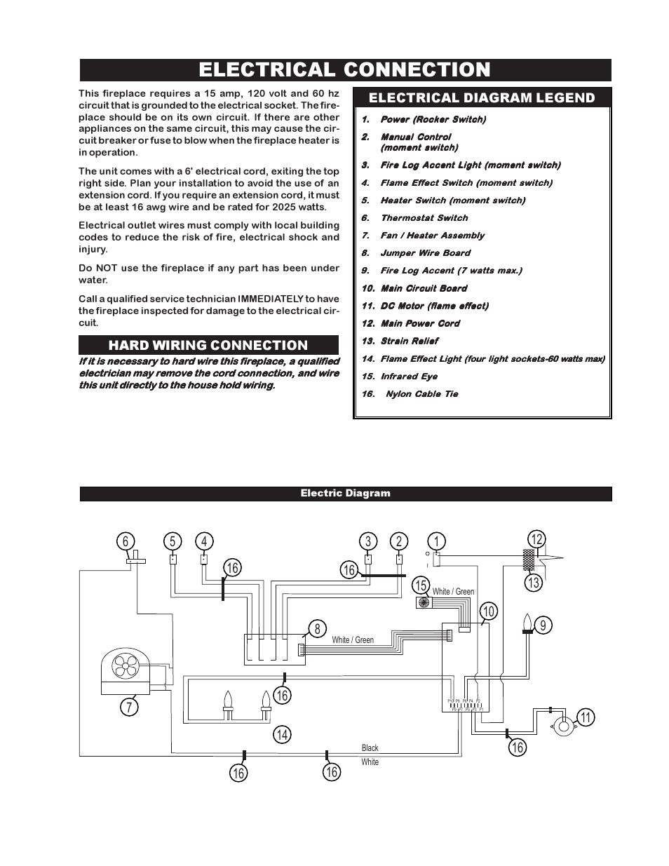 Electrical connection, Hard wiring connection, Electrical diagram legend | Napoleon Fireplaces EF38H User Manual | Page 9 / 12