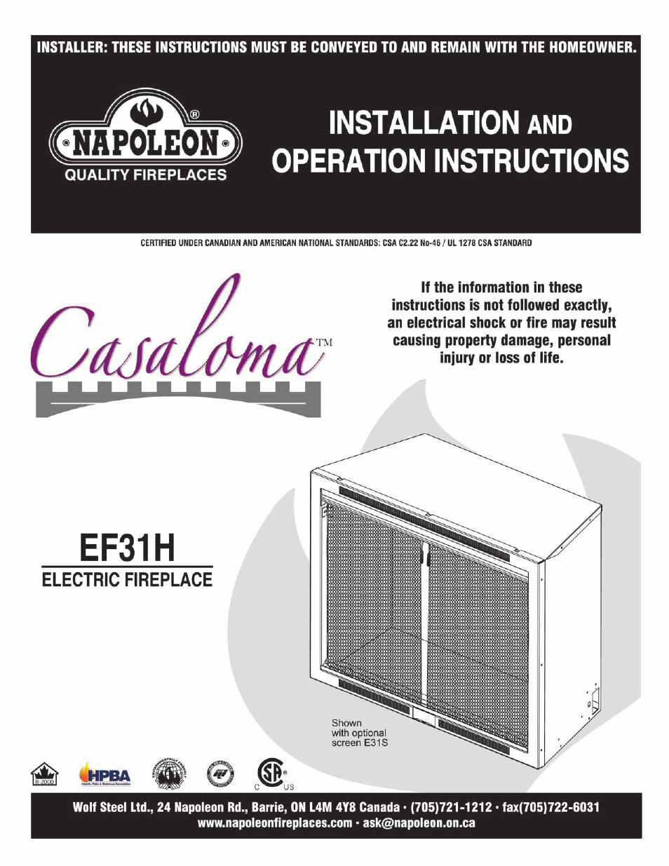 Napoleon Fireplaces EF31H User Manual | 12 pages