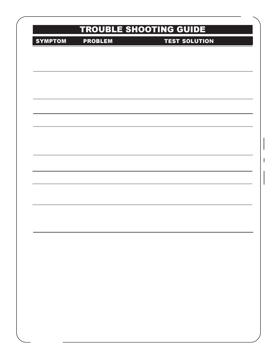 Trouble shooting guide, Symptom problem test solution | Napoleon Fireplaces EF31H User Manual | Page 11 / 12