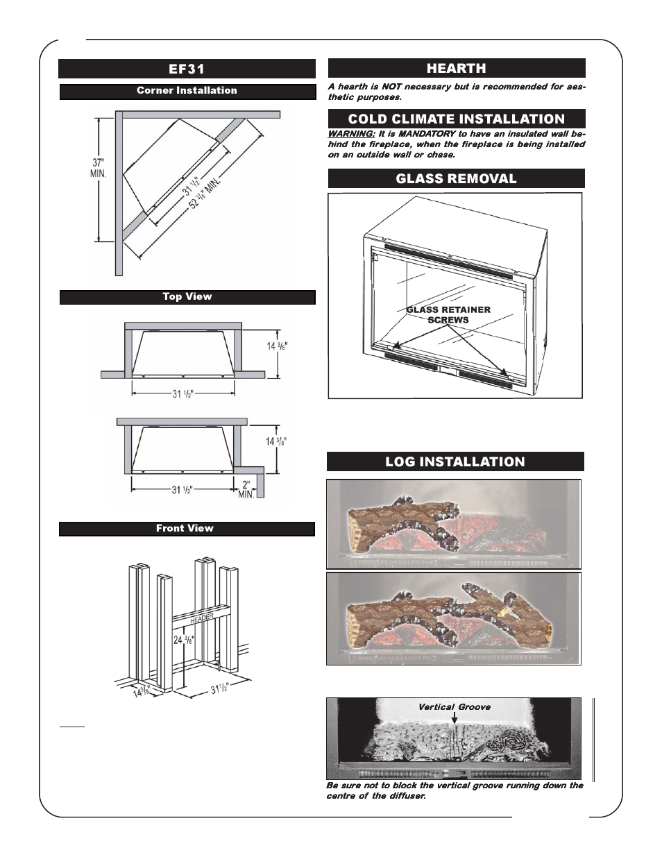 Cold climate installation hearth log installation, Ef31, Glass removal | Napoleon Fireplaces EF31H User Manual | Page 6 / 12