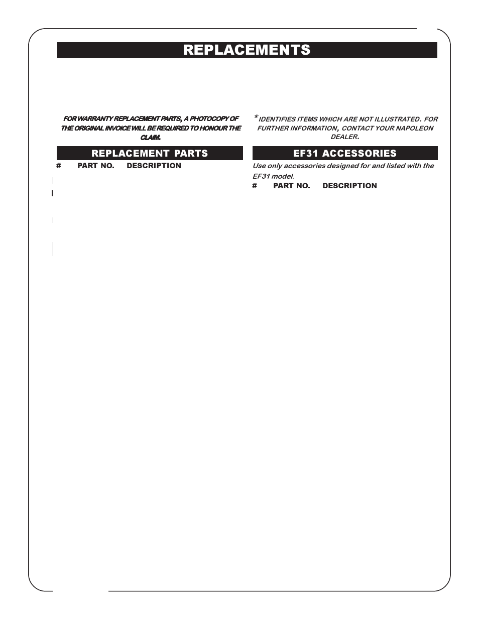 Replacements, Replacement parts ef31 accessories | Napoleon Fireplaces EF31H User Manual | Page 9 / 12