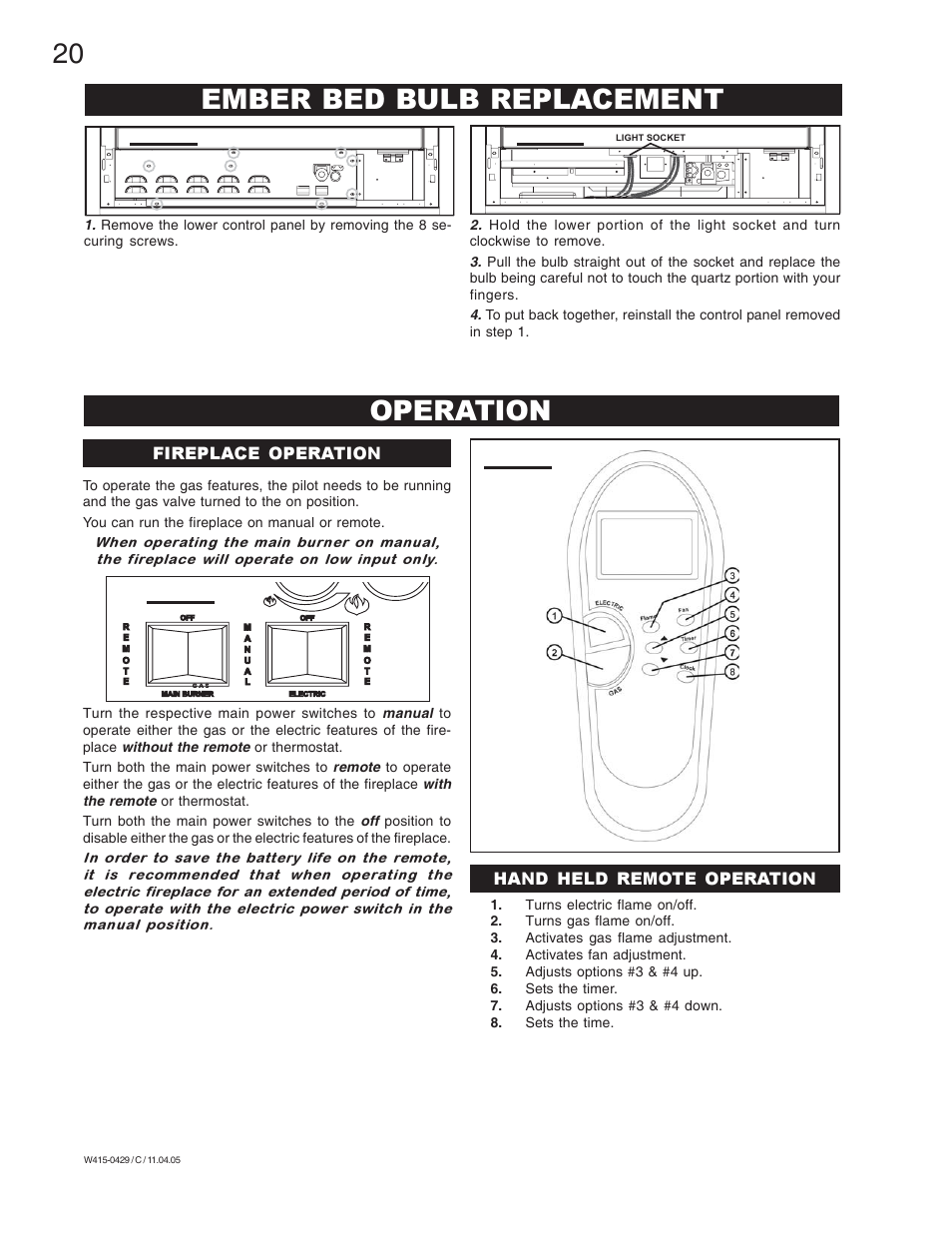 Ember bed bulb replacement, Operation | Napoleon Fireplaces GE38NT-M User Manual | Page 20 / 28