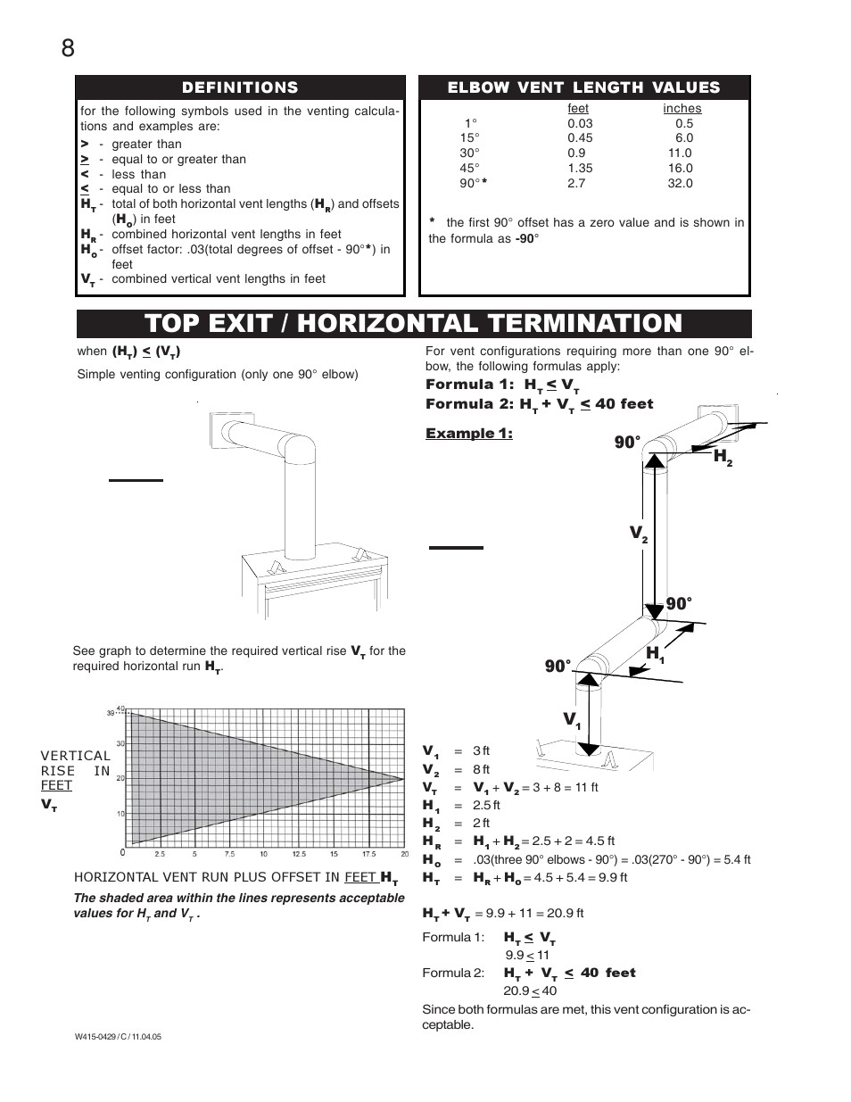 Top exit / horizontal termination, 90° h, Elbow vent length values definitions | Napoleon Fireplaces GE38NT-M User Manual | Page 8 / 28