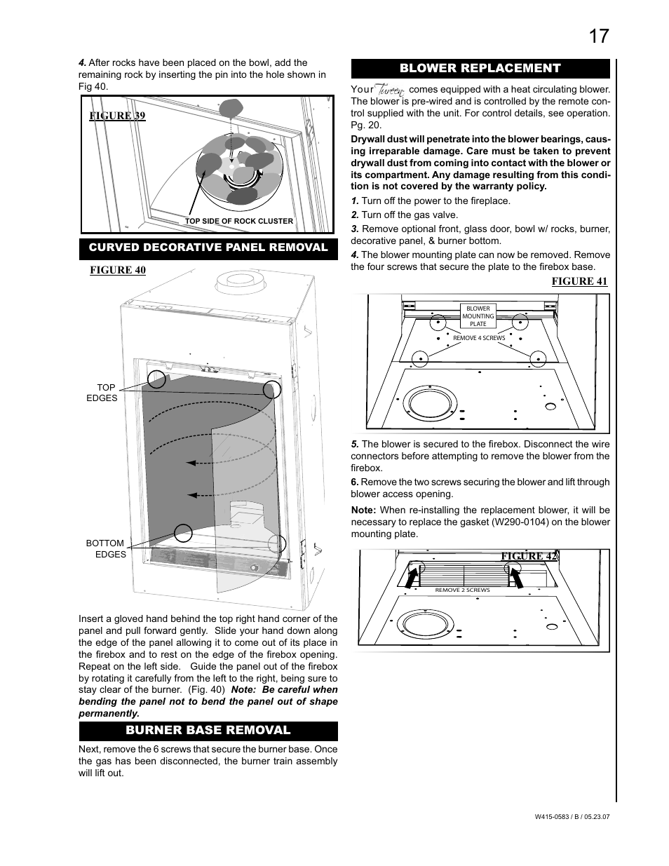 Burner base removal, Blower replacement | Napoleon Fireplaces GD82PT-T User Manual | Page 17 / 31