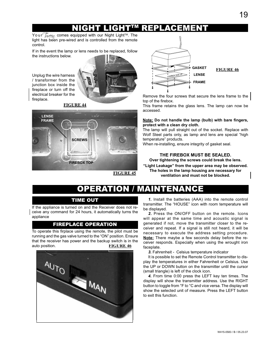 Night light, Replacement, Operation / maintenance | Napoleon Fireplaces GD82PT-T User Manual | Page 19 / 31