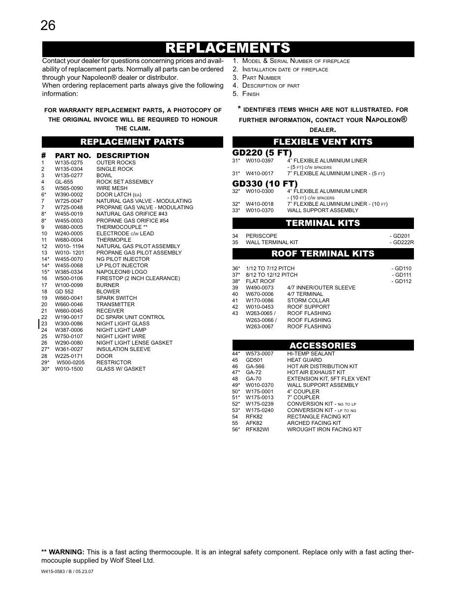 Replacements, Replacement parts accessories gd220 (5 ft) | Napoleon Fireplaces GD82PT-T User Manual | Page 26 / 31