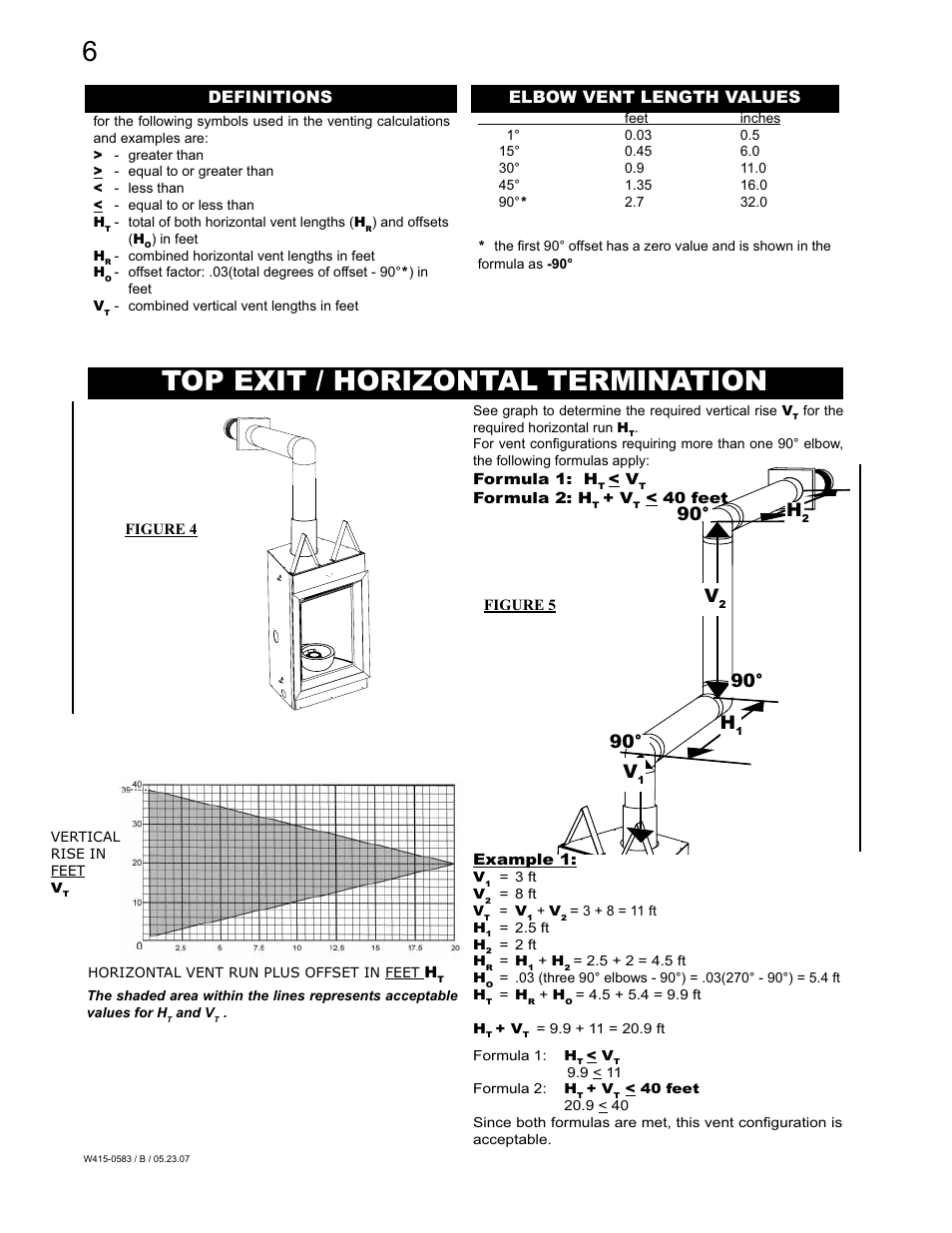 Top exit / horizontal termination, 90° h, Definitions elbow vent length values | Napoleon Fireplaces GD82PT-T User Manual | Page 6 / 31